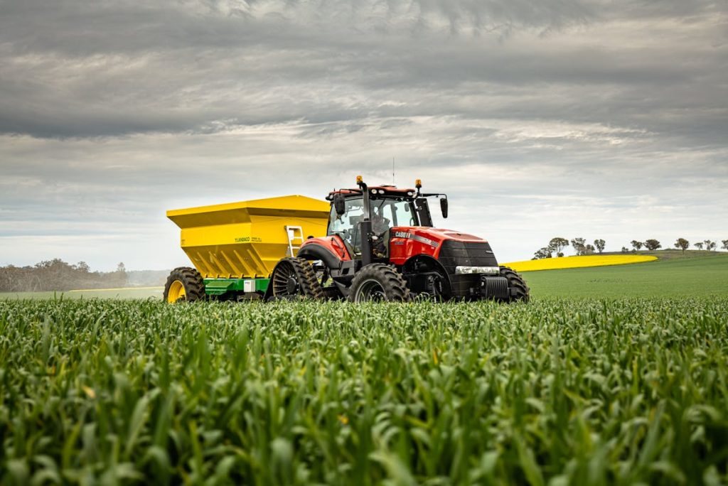 Tracteur Massey Ferguson rouge dans un champ de blé